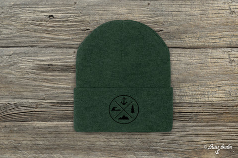 Fundamentals of Discovery - Knit Beanie. Mountain, Forest, Water and Anchor Icons