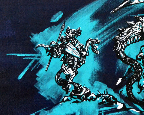 CLEARANCE SALE -- Medieval Dragon & Knight on Horse Battle - Hand Drawn, Mixed Media Screenprint